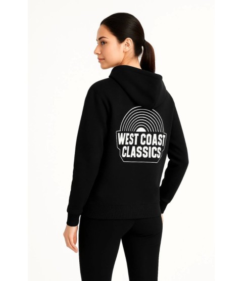 Üç İplik Kapüşonlu Ön Ve Arka Baskılı SweatShirt Hoodie - Siyah