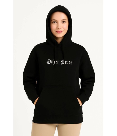Üç İplik Kapşonlu ön Ve Arka Baskılı SweatShirt Hoodie- Siyah