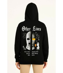 Üç İplik Kapşonlu ön Ve Arka Baskılı SweatShirt Hoodie- Siyah