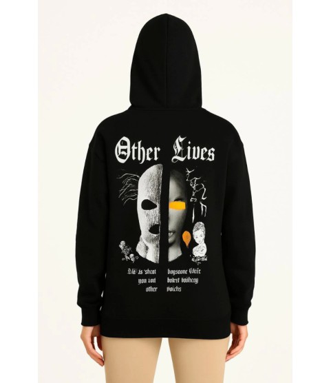 Üç İplik Kapşonlu ön Ve Arka Baskılı SweatShirt Hoodie- Siyah