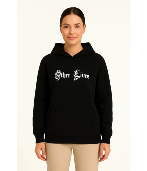 Üç İplik Kapşonlu ön Ve Arka Baskılı SweatShirt Hoodie- Siyah