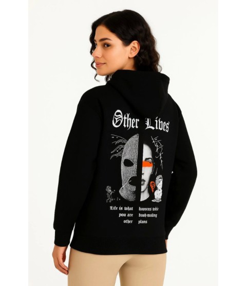 Üç İplik Kapşonlu ön Ve Arka Baskılı SweatShirt Hoodie- Siyah