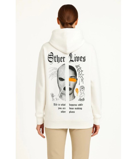 Üç İplik Kapşonlu ön Ve Arka Baskılı SweatShirt Hoodie- Beyaz