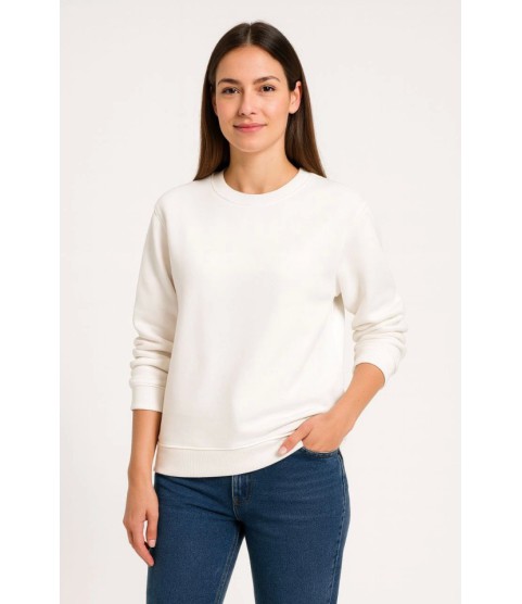 Üç İplik Düz Bisiklet Yaka SweatShirt - Beyaz