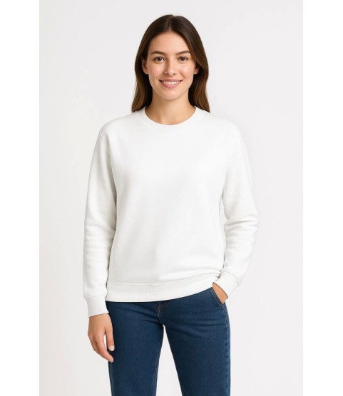 Üç İplik Düz Bisiklet Yaka SweatShirt - Beyaz
