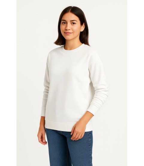Üç İplik Düz Bisiklet Yaka SweatShirt - Beyaz