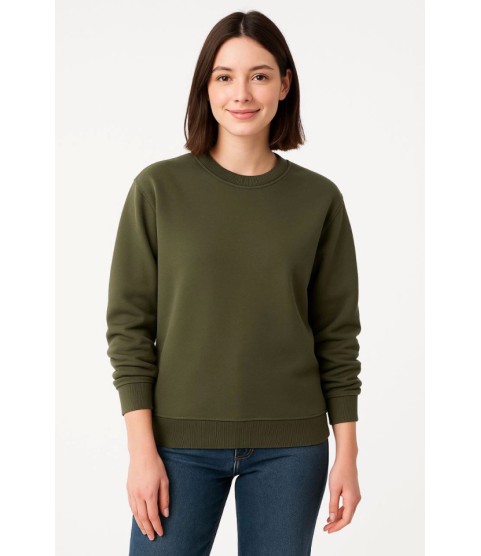 Üç İplik Düz Bisiklet Yaka SweatShirt - Haki