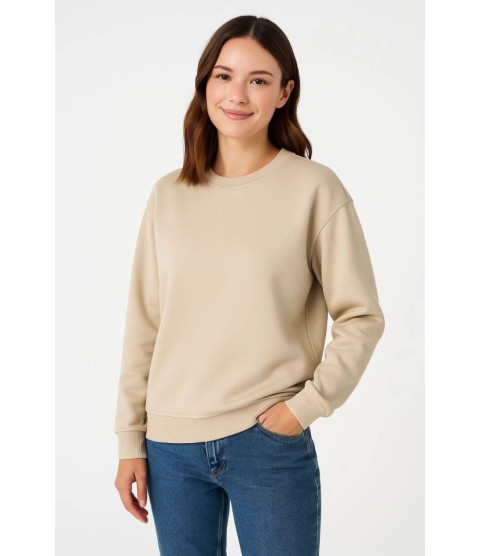 Üç İplik Düz Bisiklet Yaka SweatShirt - Bej