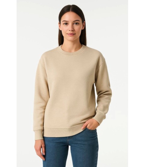 Üç İplik Düz Bisiklet Yaka SweatShirt - Bej