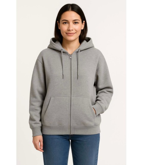 Üç İplik Kapüşonlu Tam Fermuarlı Kanguru Çepli SweatShirt Hoodie - Gri