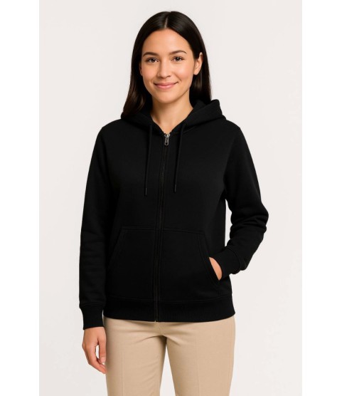 Üç İplik Kapüşonlu Tam Fermuarlı Kanguru Çepli SweatShirt Hoodie - Siyah