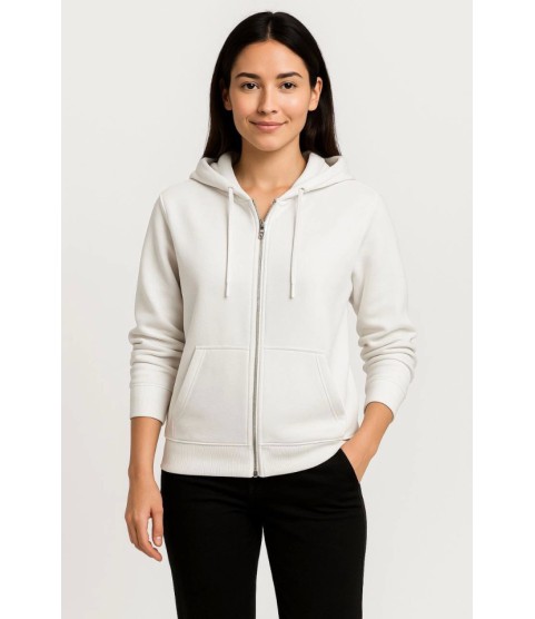 Üç İplik Kapüşonlu Tam Fermuarlı Kanguru Çepli SweatShirt Hoodie - Beyaz