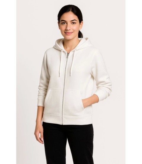 Üç İplik Kapüşonlu Tam Fermuarlı Kanguru Çepli SweatShirt Hoodie - Beyaz