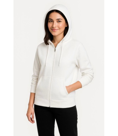 Üç İplik Kapüşonlu Tam Fermuarlı Kanguru Çepli SweatShirt Hoodie - Beyaz