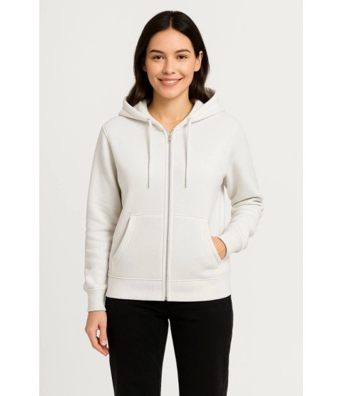 Üç İplik Kapüşonlu Tam Fermuarlı Kanguru Çepli SweatShirt Hoodie - Beyaz