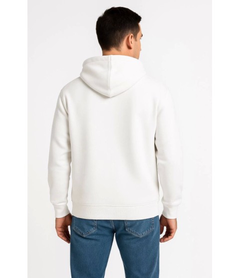 Erkek Üç İplik Kapüşonlu Tam Fermuarlı Kanguru Çepli SweatShirt Hoodie - Beyaz