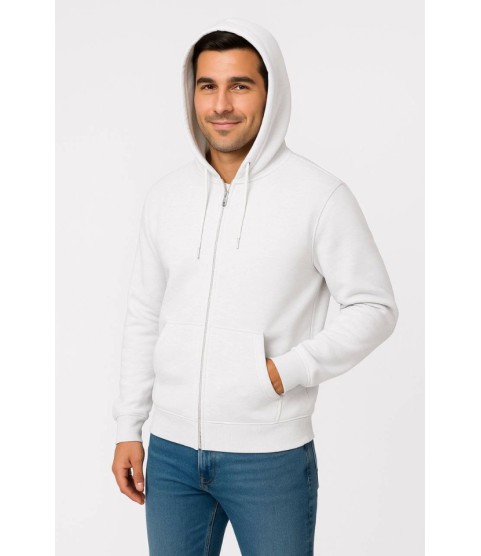 Erkek Üç İplik Kapüşonlu Tam Fermuarlı Kanguru Çepli SweatShirt Hoodie - Beyaz