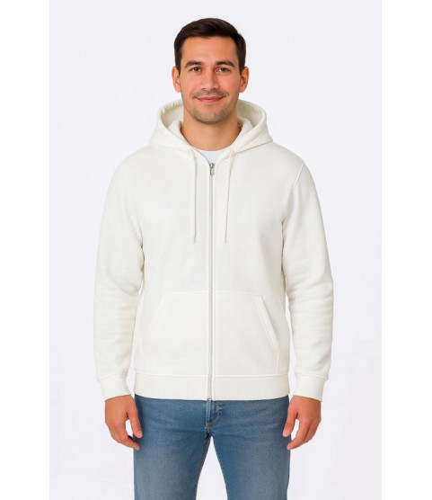 Erkek Üç İplik Kapüşonlu Tam Fermuarlı Kanguru Çepli SweatShirt Hoodie - Beyaz