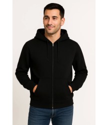 Erkek Üç İplik Kapüşonlu Tam Fermuarlı Kanguru Çepli SweatShirt Hoodie - Siyah