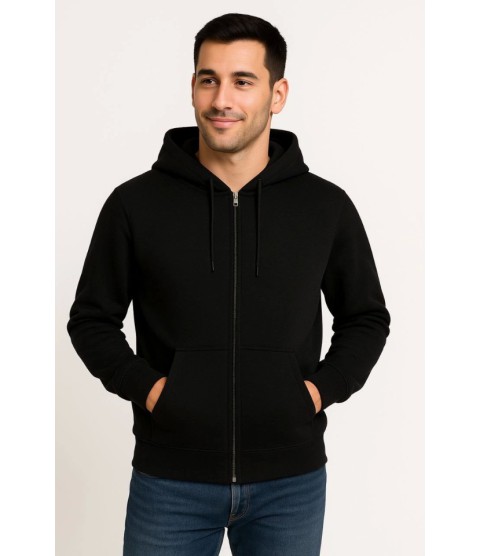 Erkek Üç İplik Kapüşonlu Tam Fermuarlı Kanguru Çepli SweatShirt Hoodie - Siyah