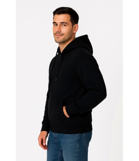 Erkek Üç İplik Kapüşonlu Tam Fermuarlı Kanguru Çepli SweatShirt Hoodie - Siyah