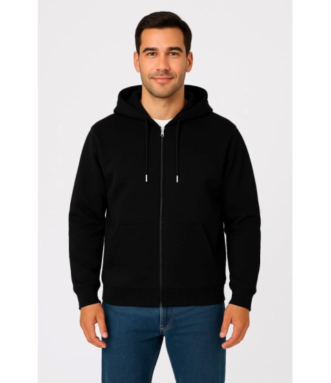 Erkek Üç İplik Kapüşonlu Tam Fermuarlı Kanguru Çepli SweatShirt Hoodie - Siyah