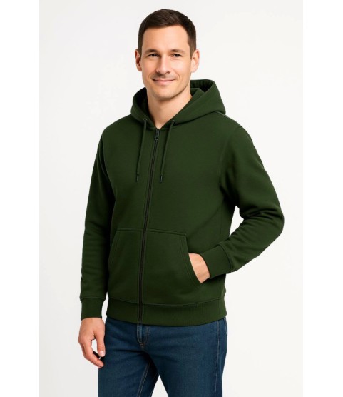 Erkek Üç İplik Kapüşonlu Tam Fermuarlı Kanguru Çepli SweatShirt Hoodie - Haki