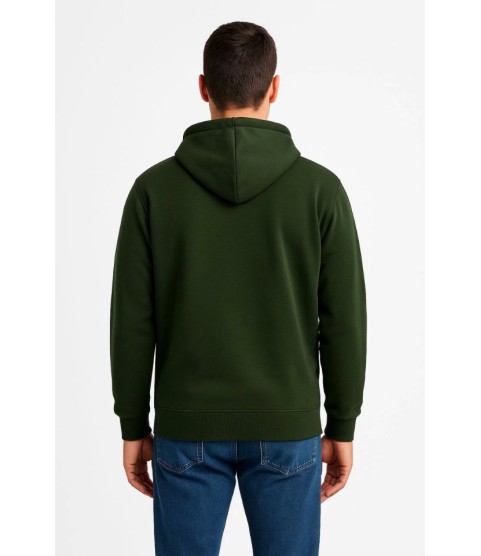 Erkek Üç İplik Kapüşonlu Tam Fermuarlı Kanguru Çepli SweatShirt Hoodie - Haki
