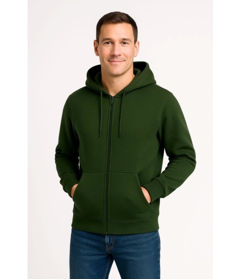 Erkek Üç İplik Kapüşonlu Tam Fermuarlı Kanguru Çepli SweatShirt Hoodie - Haki