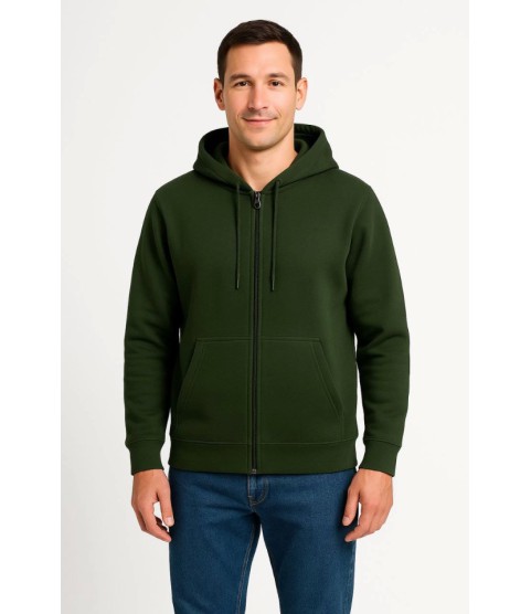 Erkek Üç İplik Kapüşonlu Tam Fermuarlı Kanguru Çepli SweatShirt Hoodie - Haki