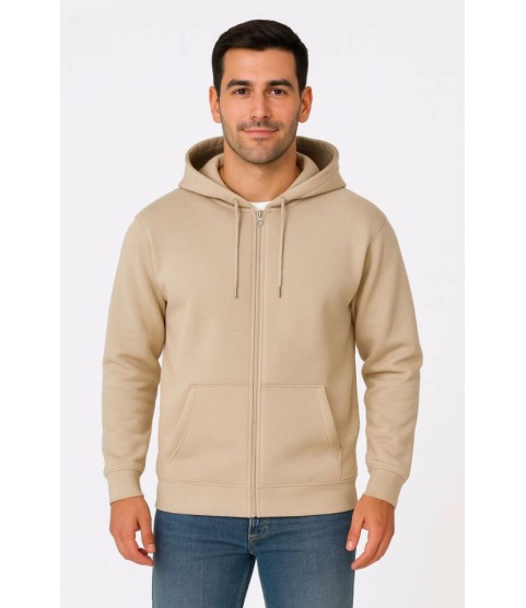 Erkek Üç İplik Kapüşonlu Tam Fermuarlı Kanguru Çepli SweatShirt Hoodie - Bej