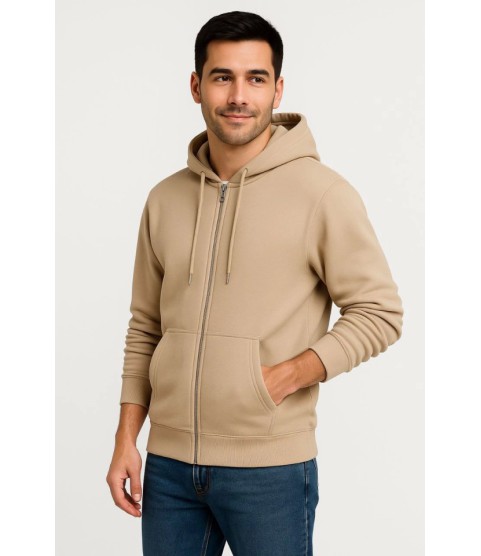 Erkek Üç İplik Kapüşonlu Tam Fermuarlı Kanguru Çepli SweatShirt Hoodie - Bej