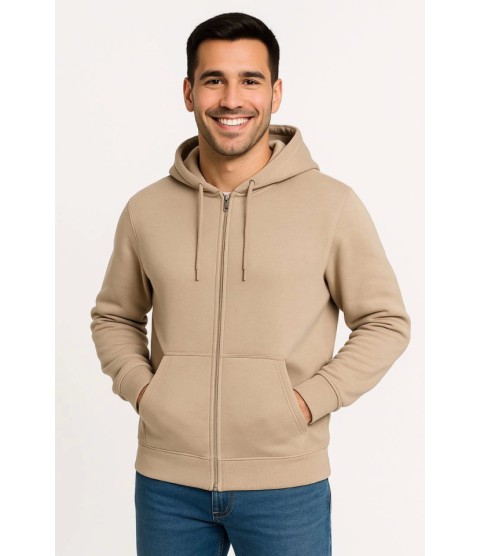 Erkek Üç İplik Kapüşonlu Tam Fermuarlı Kanguru Çepli SweatShirt Hoodie - Bej