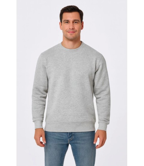 Erkek Üç İplik Düz Bisiklet Yaka SweatShirt - Gri