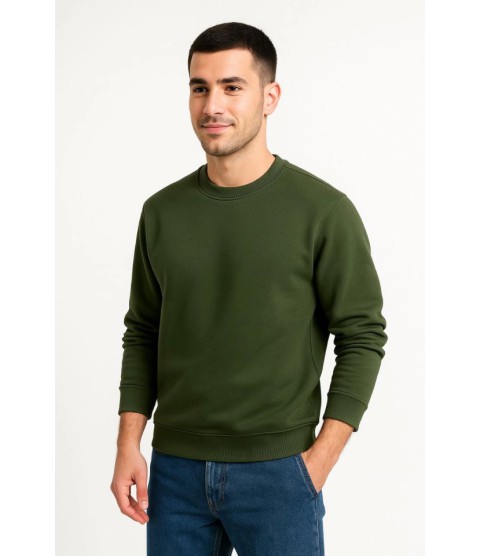 Erkek Üç İplik Düz Bisiklet Yaka SweatShirt - Haki