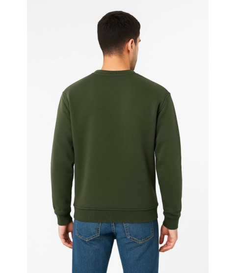 Erkek Üç İplik Düz Bisiklet Yaka SweatShirt - Haki