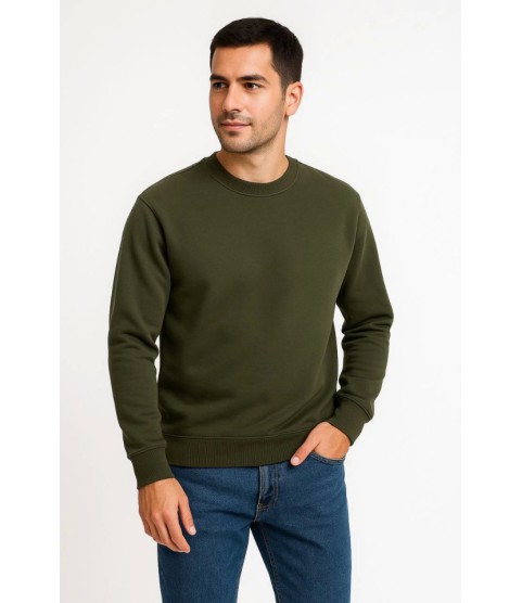 Erkek Üç İplik Düz Bisiklet Yaka SweatShirt - Haki