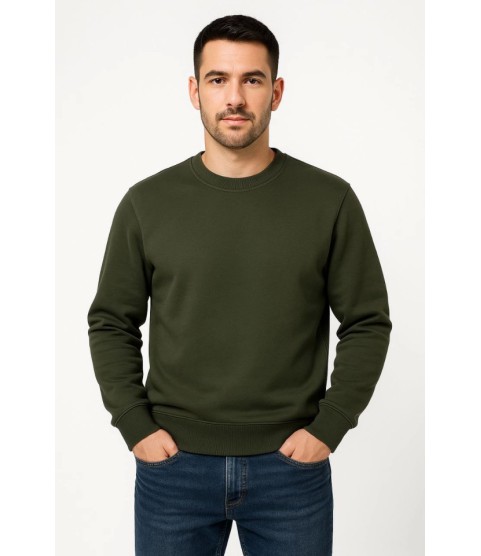 Erkek Üç İplik Düz Bisiklet Yaka SweatShirt - Haki