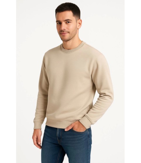 Erkek Üç İplik Düz Bisiklet Yaka SweatShirt - Bej