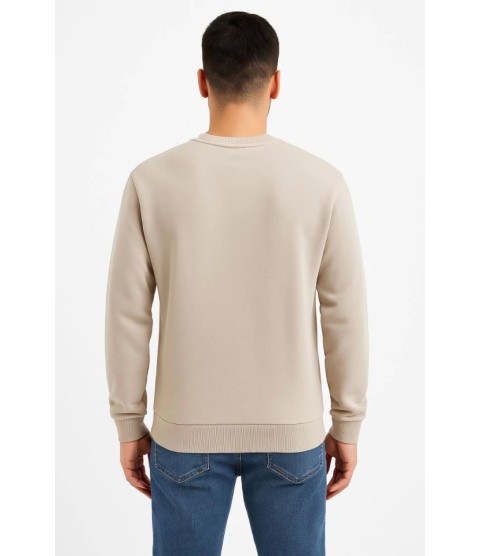 Erkek Üç İplik Düz Bisiklet Yaka SweatShirt - Bej