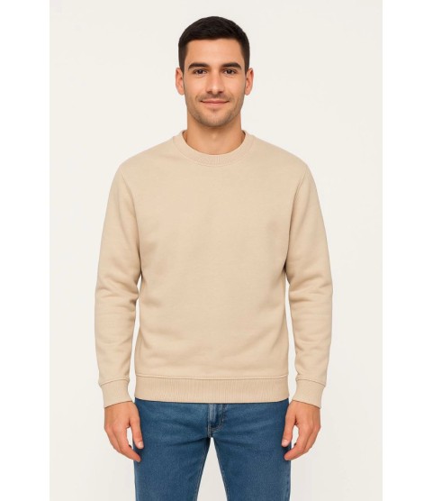 Erkek Üç İplik Düz Bisiklet Yaka SweatShirt - Bej