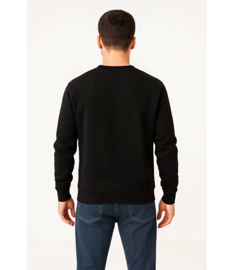 Erkek Üç İplik Düz Bisiklet Yaka SweatShirt - Siyah