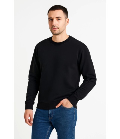 Erkek Üç İplik Düz Bisiklet Yaka SweatShirt - Siyah