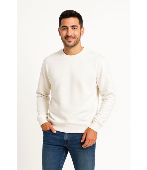 Erkek Üç İplik Düz Bisiklet Yaka SweatShirt - Beyaz