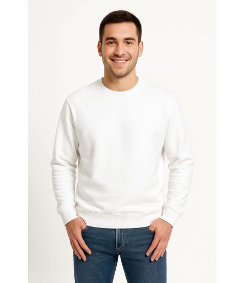 Erkek Üç İplik Düz Bisiklet Yaka SweatShirt - Beyaz