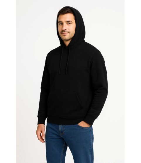 Erkek Üç İplik Kapüşonlu Kanguru Cepli SweatShirt Hoodie - Siyah