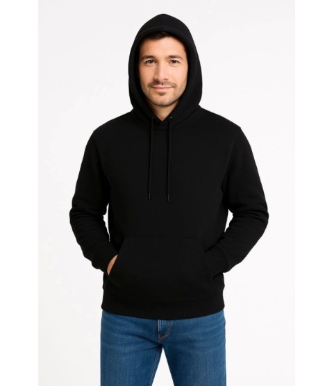 Erkek Üç İplik Kapüşonlu Kanguru Cepli SweatShirt Hoodie - Siyah