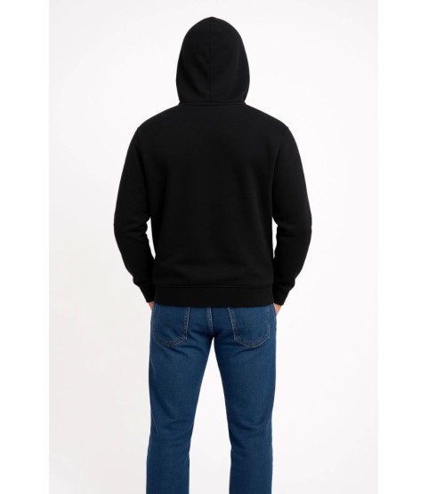 Erkek Üç İplik Kapüşonlu Kanguru Cepli SweatShirt Hoodie - Siyah