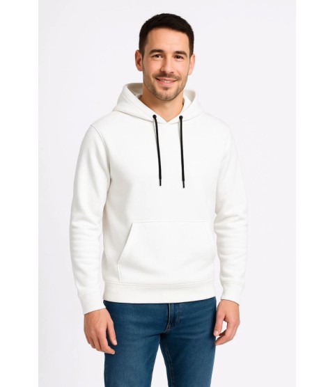 Erkek Üç İplik Kapüşonlu Kanguru Cepli SweatShirt Hoodie - Beyaz