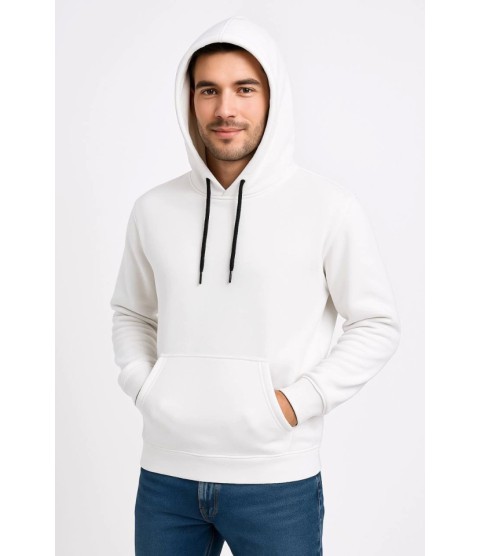 Erkek Üç İplik Kapüşonlu Kanguru Cepli SweatShirt Hoodie - Beyaz
